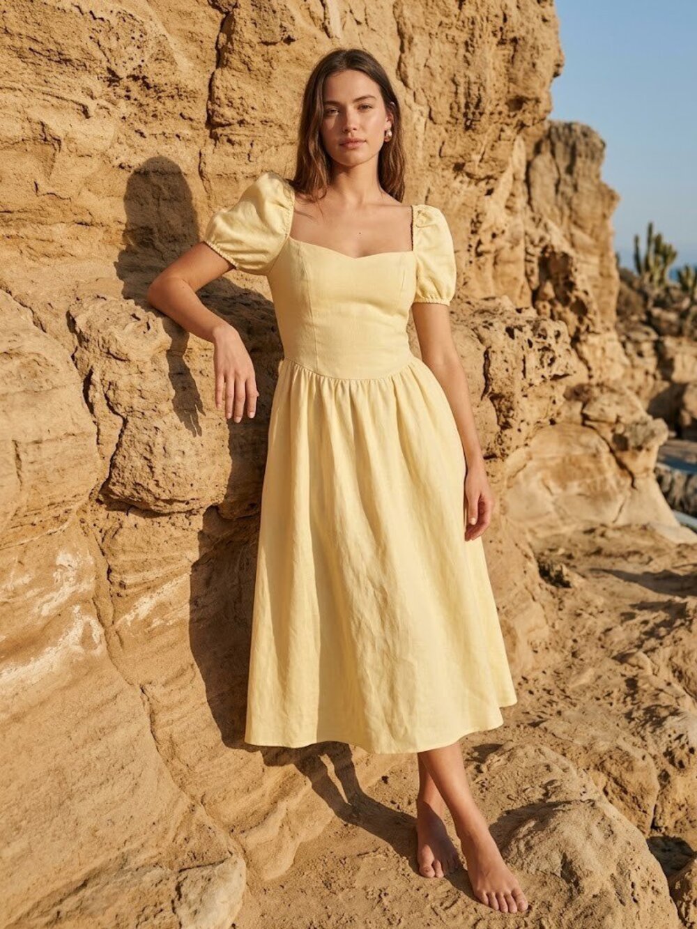 NWT Reformation Davila in Parmesan Yellow Linen Puff Sleeve Midi Dress 8